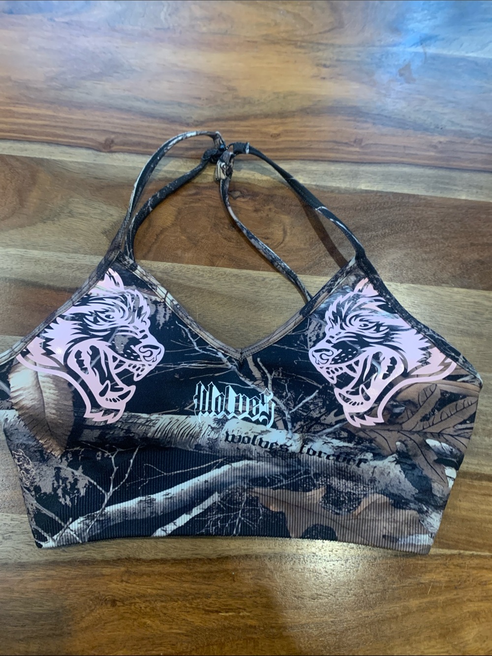 Darc Sport Brown Camo Sports Bra with Pink Graphic Wolves